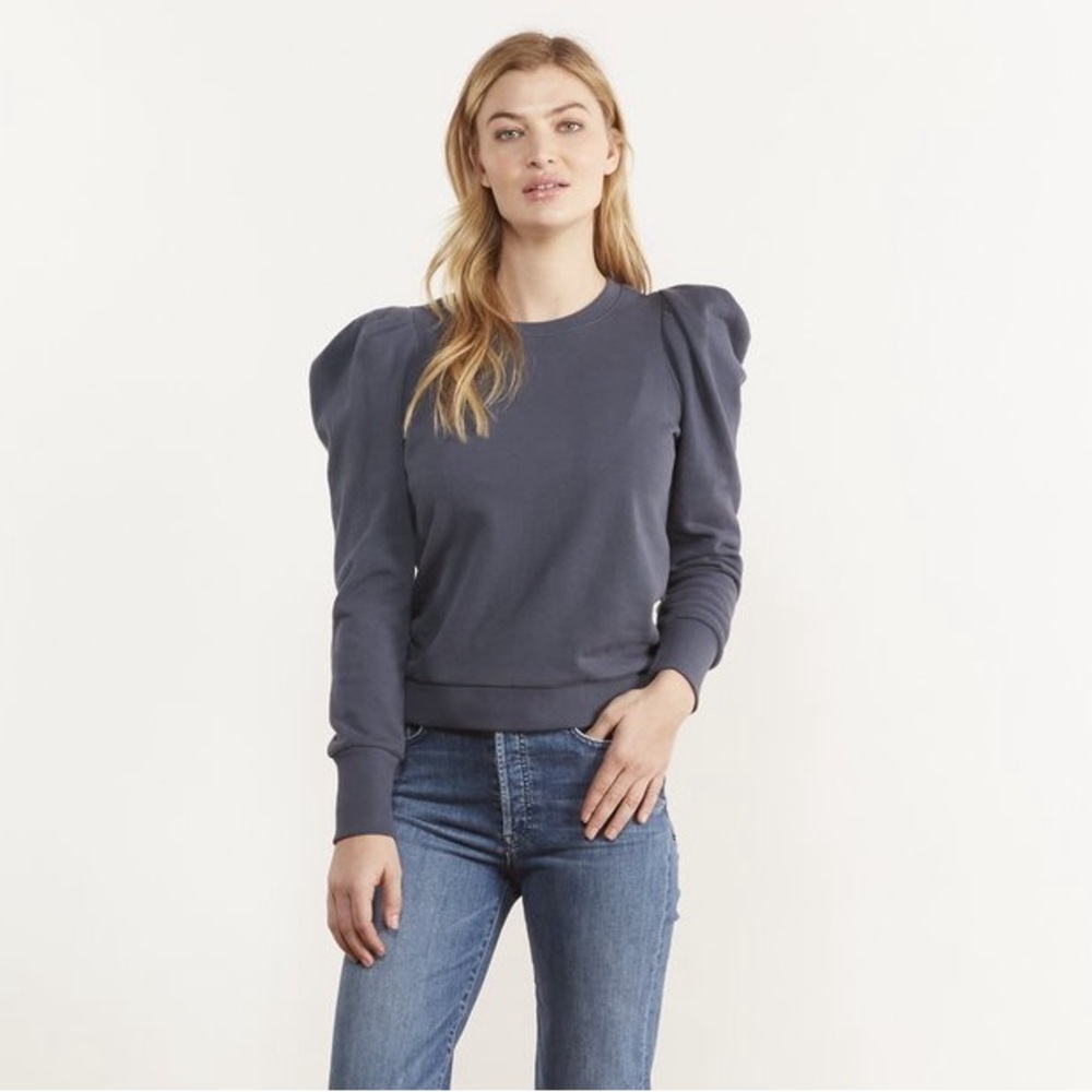 Nation LTD Nikka Pleat Shoulder Puff Sleeve Sweatshirt Coastal Navy Blue Sz S - Picture 2 of 7